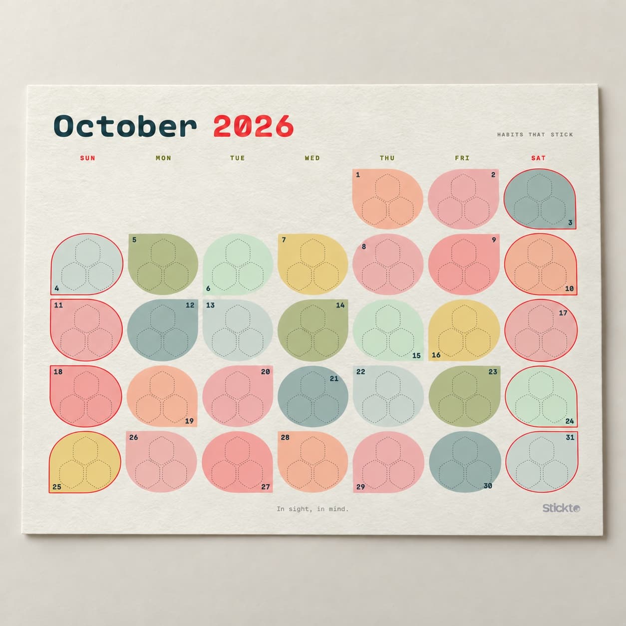 Plain printed Stickto calendar sheet without stickers or a hanger — October layout example